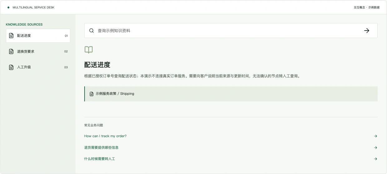 多语言客户服务台交互界面截图 · 演示数据